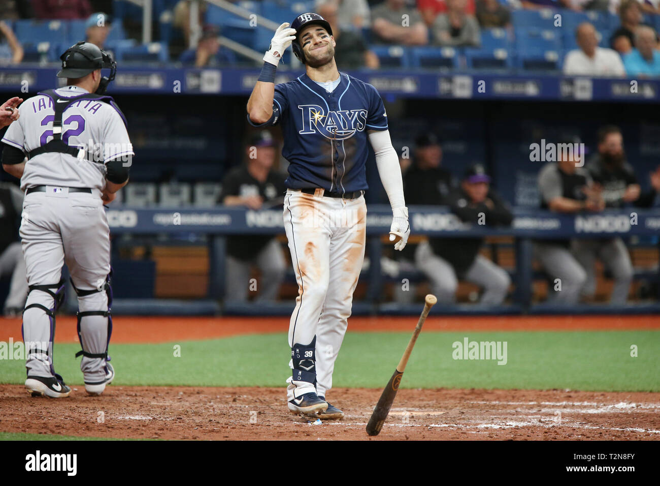 San Pietroburgo, Florida, Stati Uniti d'America. 3 apr, 2019. DOUGLAS R. CLIFFORD | Orari .Tampa Bay Rays center fielder Kevin Kiermaier (39) colpisce fuori durante il decimo inning durante il mercoledì (1/3/19) gioco tra il Tampa Bay Rays e Colorado Rockies a Tropicana in Campo San Pietroburgo. Credito: Douglas R. Clifford/Tampa Bay volte/ZUMA filo/Alamy Live News Foto Stock