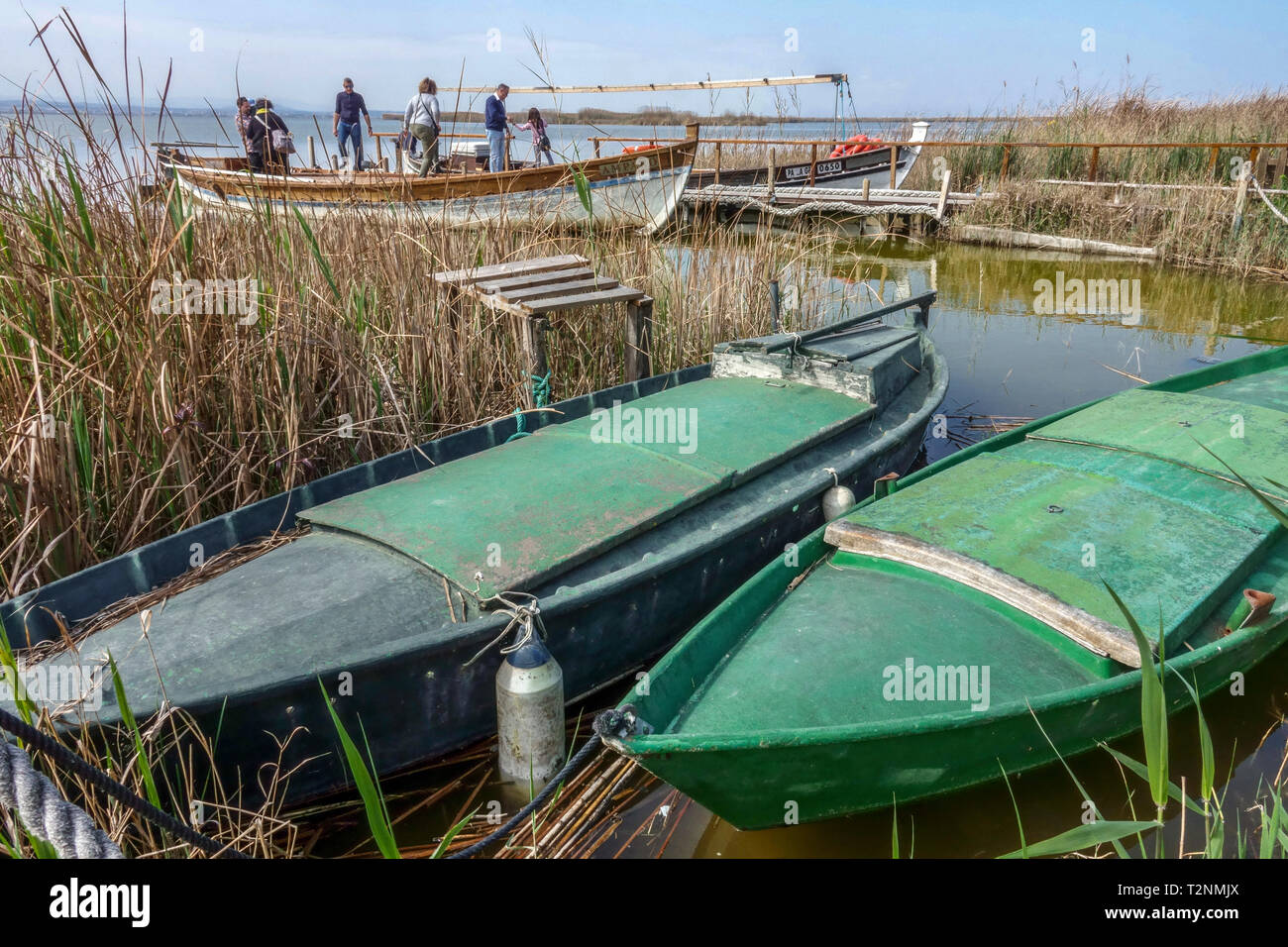 Albufera parco naturale di Albufera di Valencia, persone in barca, escursioni turistiche sul lago, Spagna Foto Stock