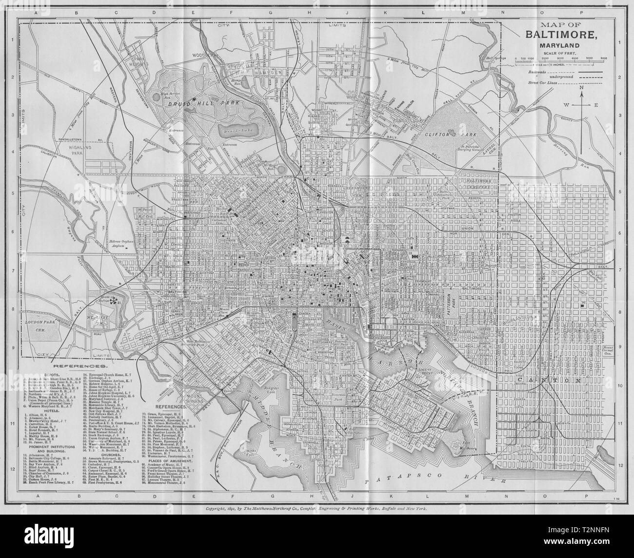 BALTIMORE, MARYLAND. Antica città mappa città plan 1893 vecchio grafico Foto Stock