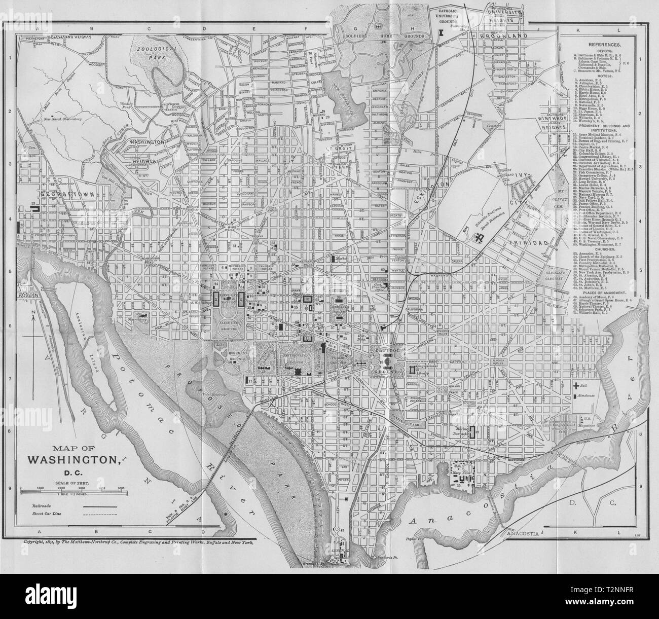 WASHINGTON DC. Antica Città Mappa Città plan 1893 vecchio grafico Foto Stock