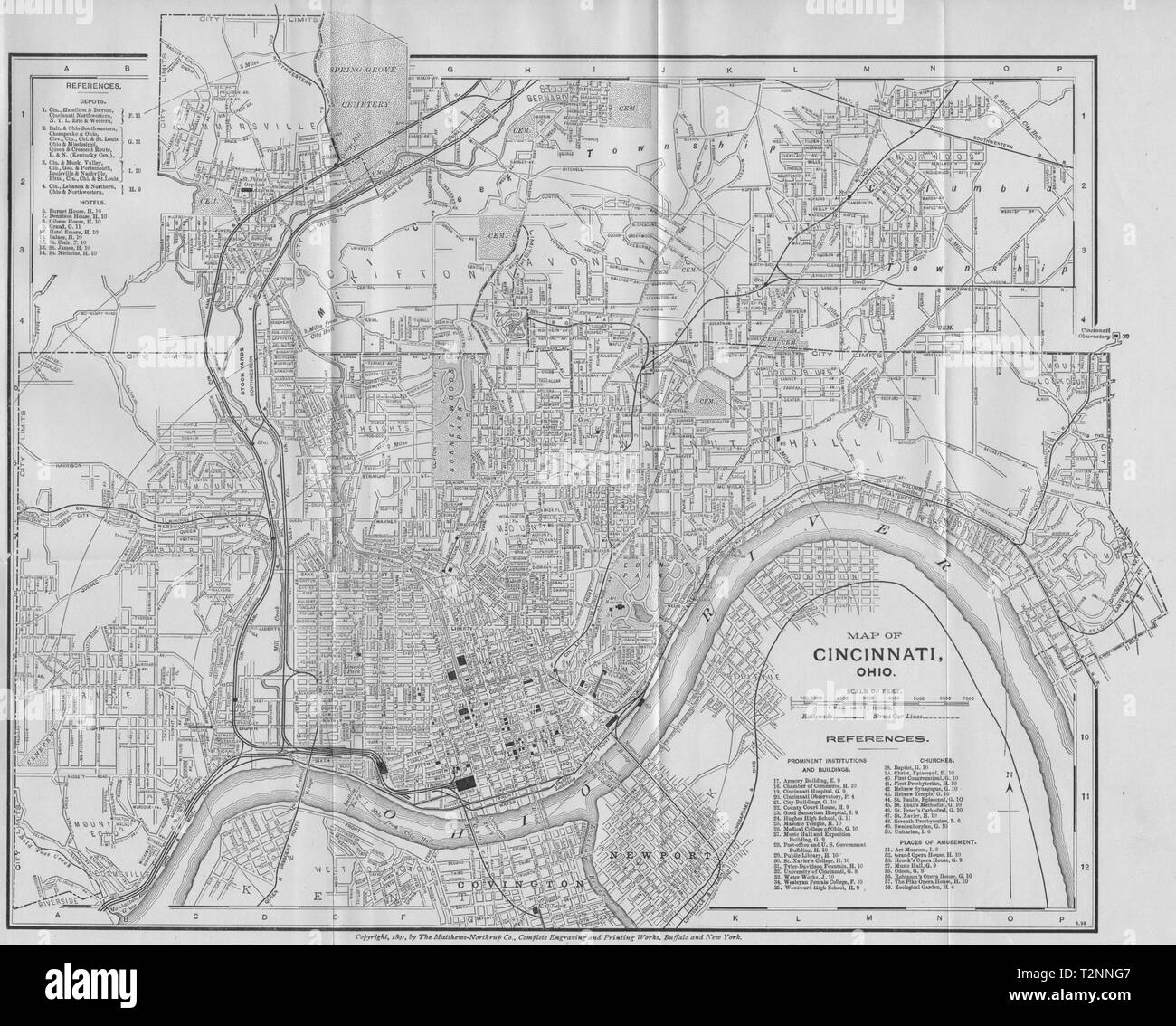 CINCINNATI, OHIO. Antica città mappa città plan 1893 vecchio grafico Foto Stock