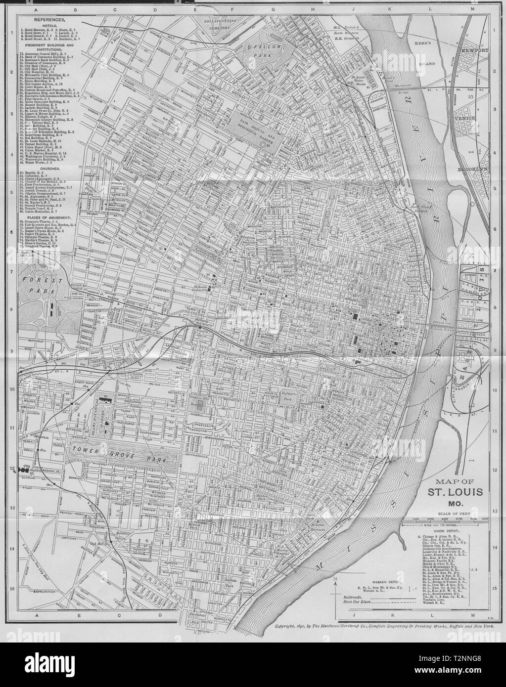 ST Louis, Missouri. Antica città mappa città plan 1893 vecchio grafico Foto Stock