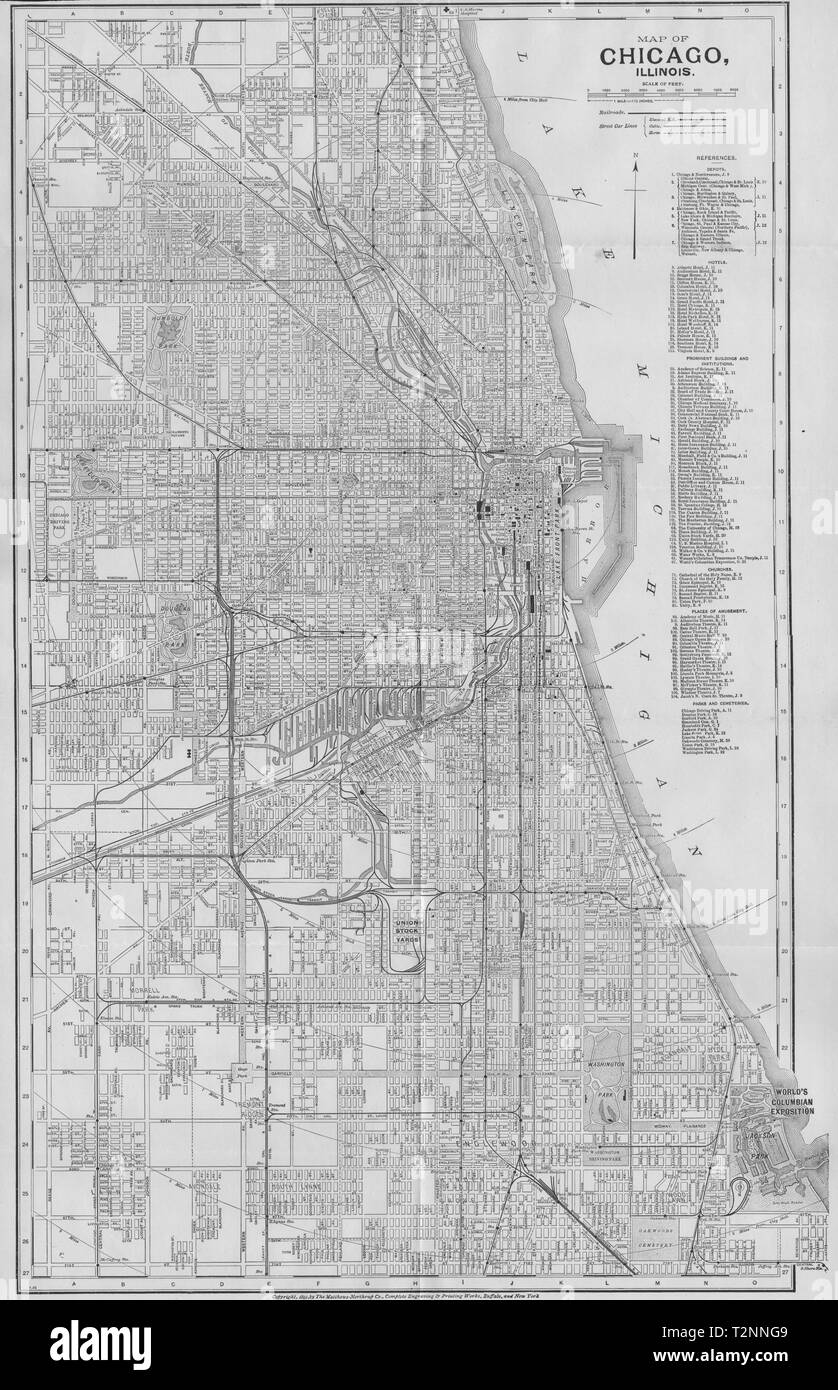 CHICAGO, Illinois. Antica città mappa città plan 1893 vecchio grafico Foto Stock
