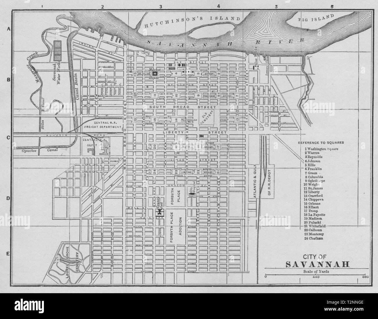 SAVANNAH, Georgia. Antica città mappa città plan 1893 vecchio grafico Foto Stock