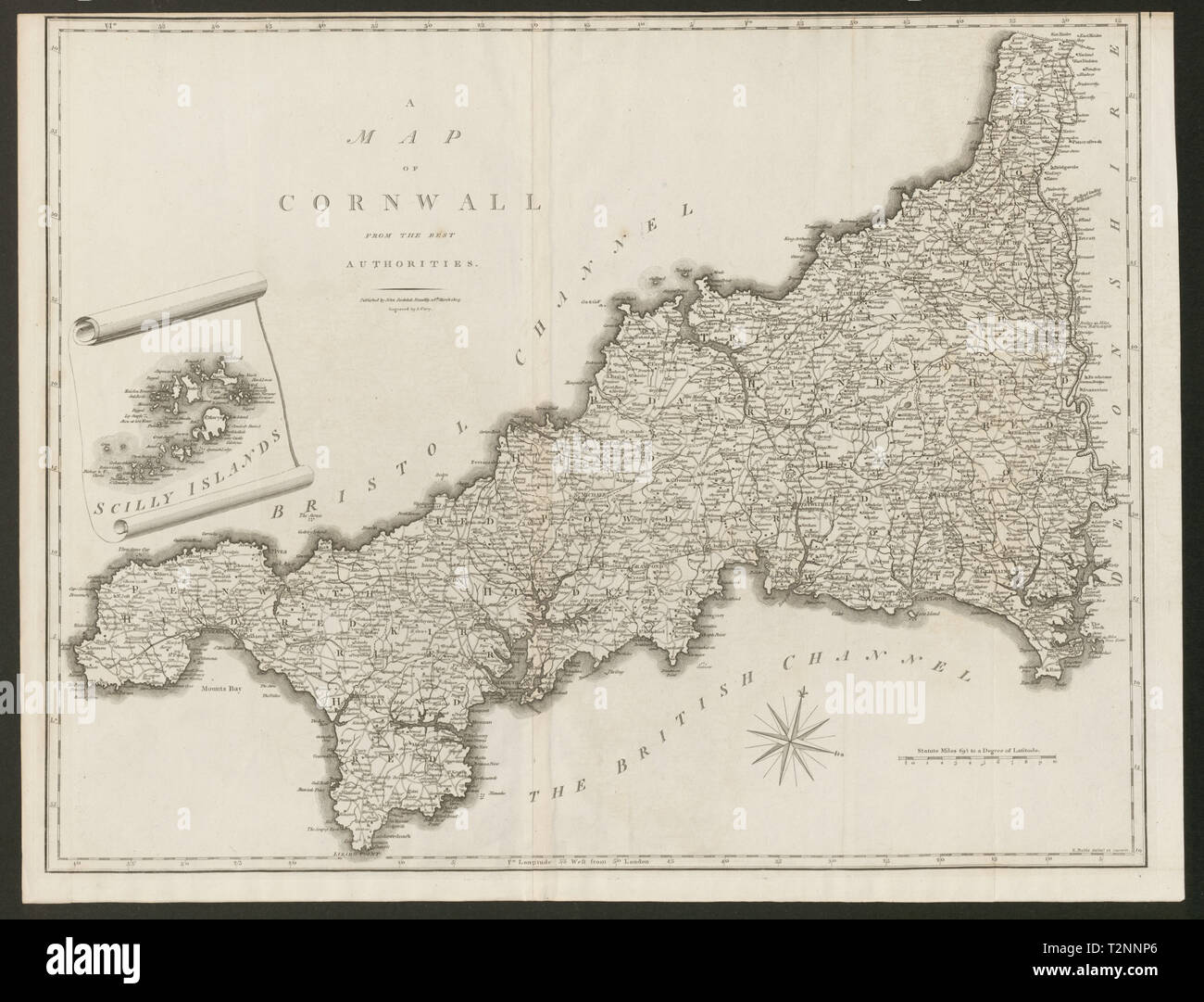 "Una mappa della Cornovaglia dall'autorità migliore". County map. CARY 1805 vecchio Foto Stock