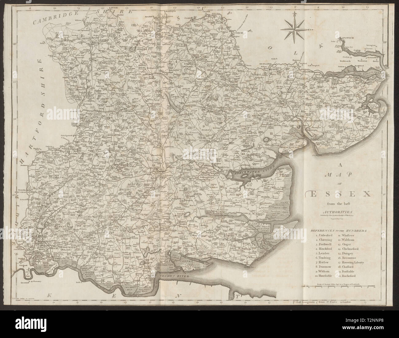 "Una mappa di Essex dal miglior autorità". County map. CARY 1805 vecchio Foto Stock