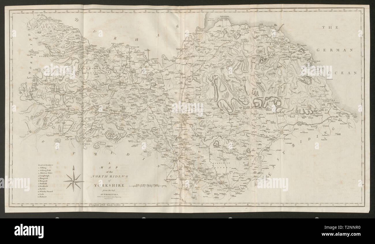 "Una mappa del North Riding dello Yorkshire" di John Cary. County map 1805 vecchio Foto Stock