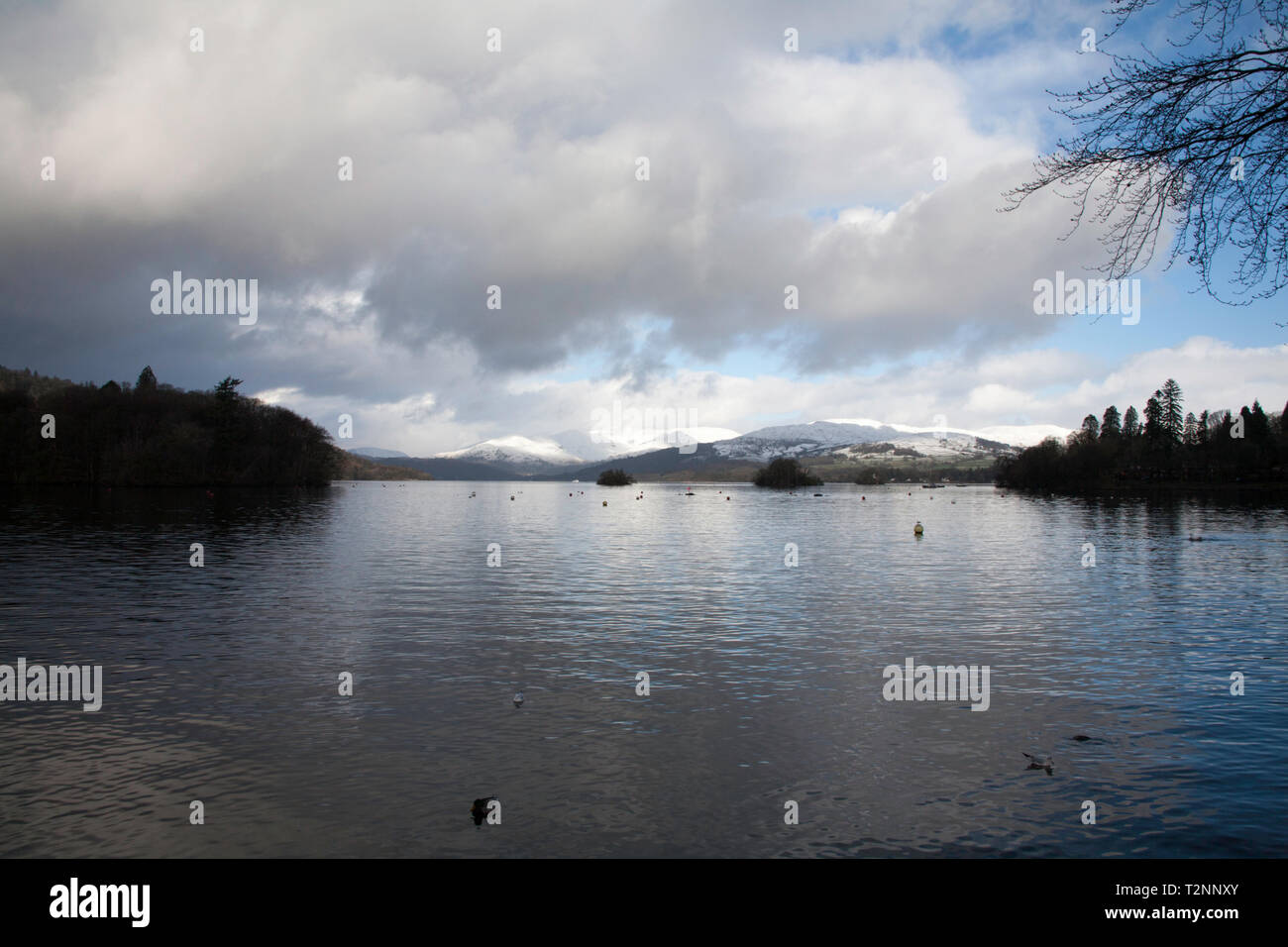 Il Fairfield Horseshoe sopra Ambleside dal lago Windermere su una Freddo giorno d'inverno il Lake District Cumbria Inghilterra Foto Stock