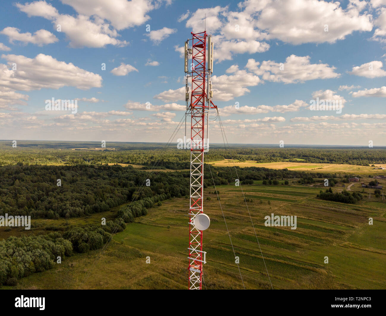 Torre cellulare nella foresta, vista da fuco Foto Stock