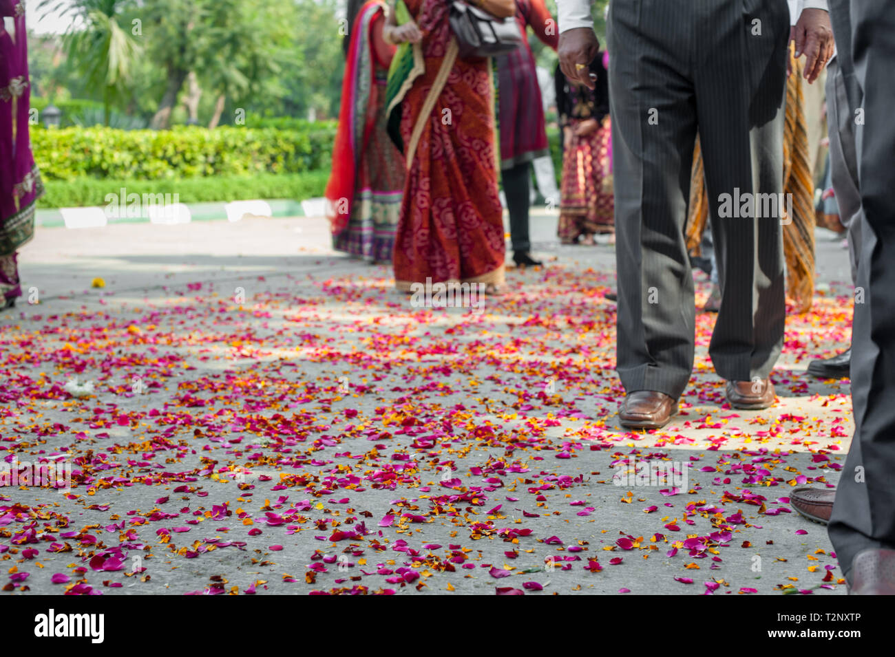 Anonimo gli ospiti di un matrimonio indiano a piedi circondati da coriandoli Foto Stock