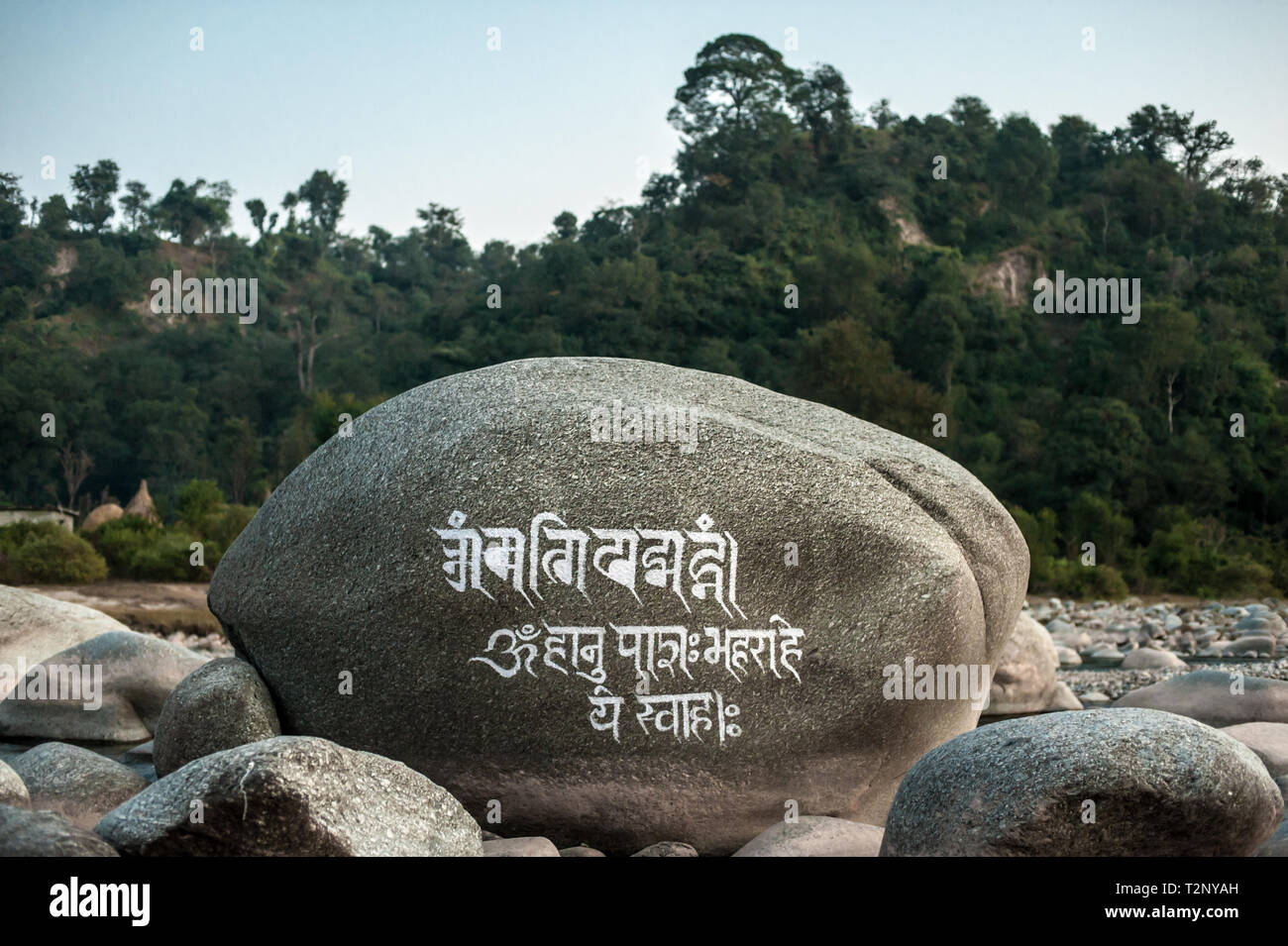 Un mantra tibetano è scolpita su di un enorme masso in un alveo sotto Dharamshala, India: la casa in esilio del Dalai Lama e migliaia di tibetani. Foto Stock