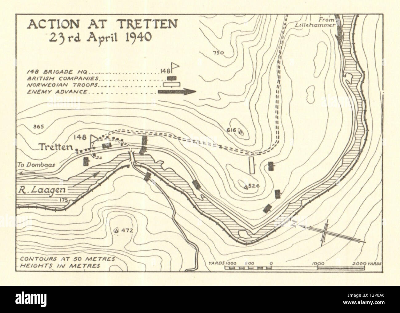 La seconda guerra mondiale la Norvegia campagna Tretten 23 aprile 1940 invasione tedesca piccola 1952 mappa Foto Stock