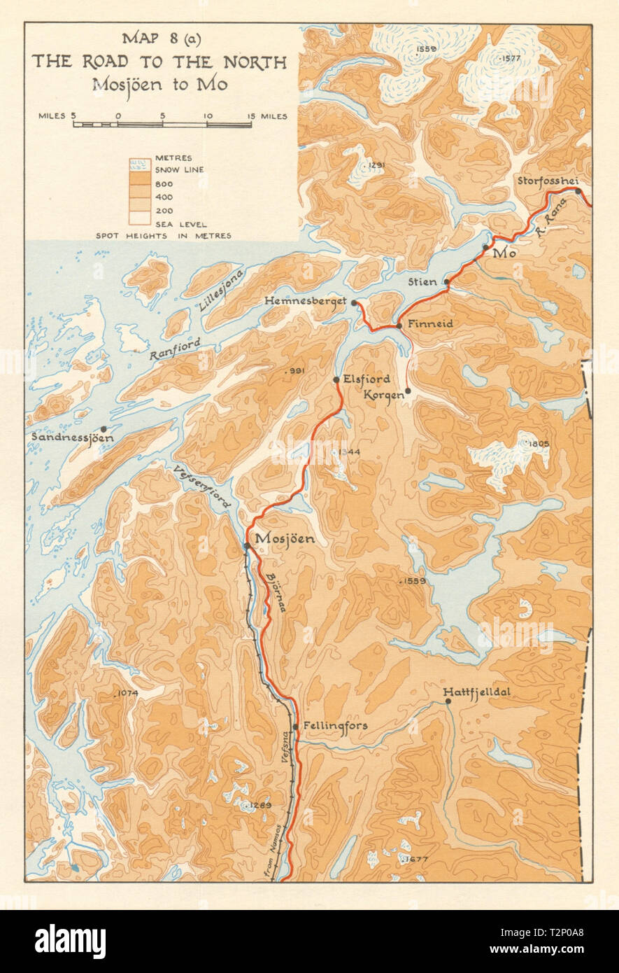 La seconda guerra mondiale la Norvegia campagna. Mosjoen per Mo road 1940. Invasione tedesca 1952 mappa Foto Stock
