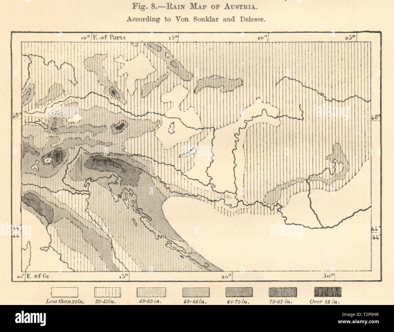 Mappa di pioggia di Austria-Ungheria. La precipitazione. Schizzo 1885 antica Foto Stock