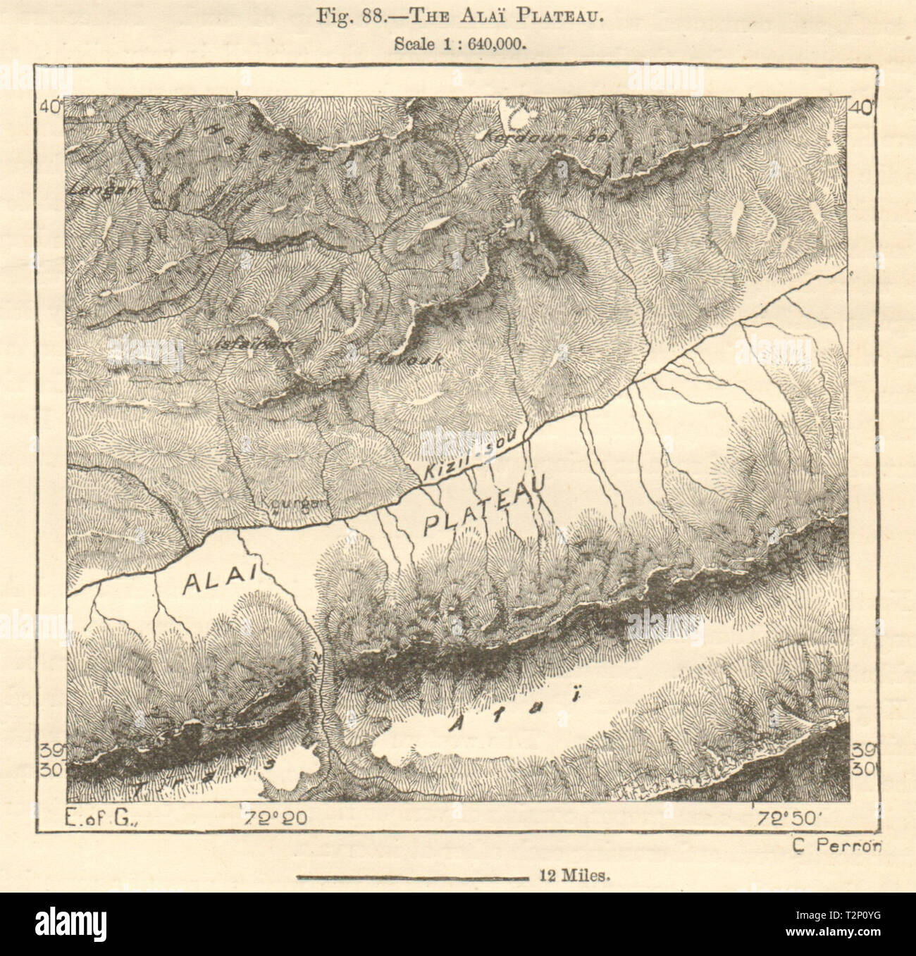 Alai (Alay) plateau & Valle, Kyzyl-Suu river, Kirghizistan. Schizzo 1885 Foto Stock