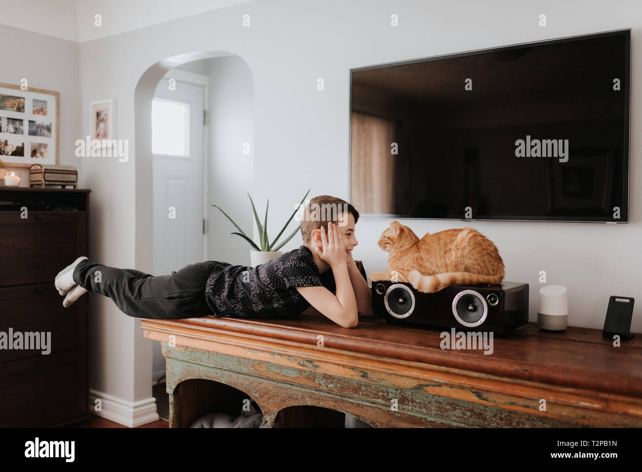 Ragazzo staring al gatto sul cabinet Foto Stock