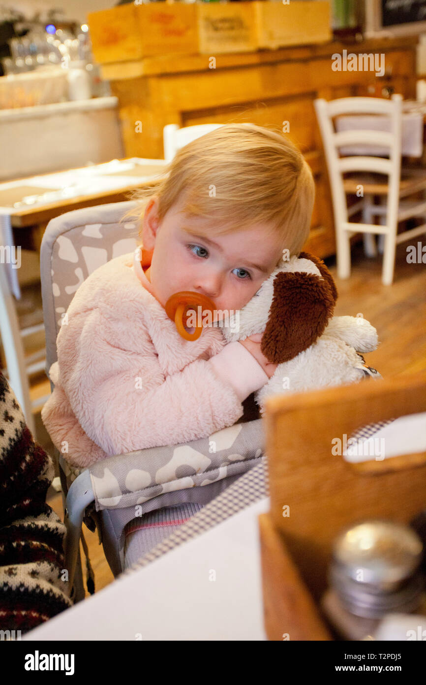 Bambina con fantoccio coccole di un soffice cane Foto Stock