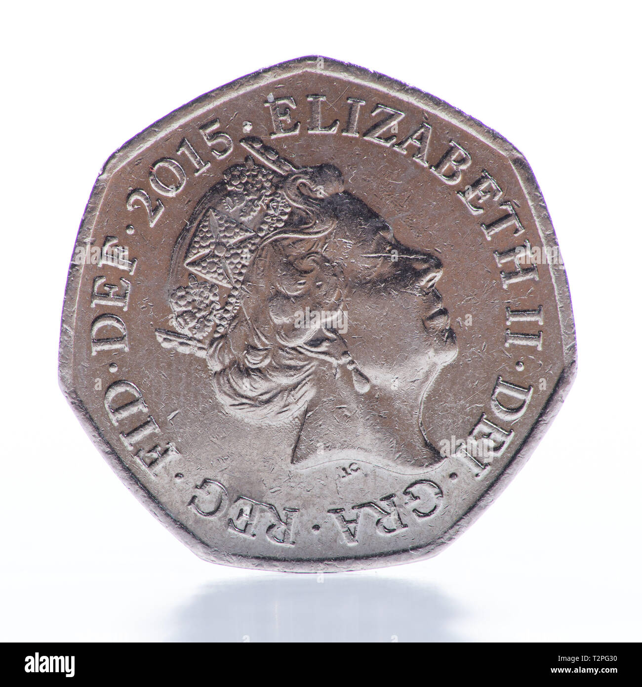 Monete. Monete. Il cinquanta Pence pezzo. Questo è il secondo della serie e la più grande delle 2 sagomato heptagonal monete in valuta sterlina (FIRS Foto Stock