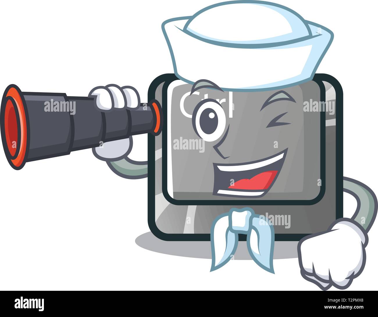 Marinaio con carattere binoculare pulsante ctrl attaccato sul computer illustrazione vettoriale Illustrazione Vettoriale