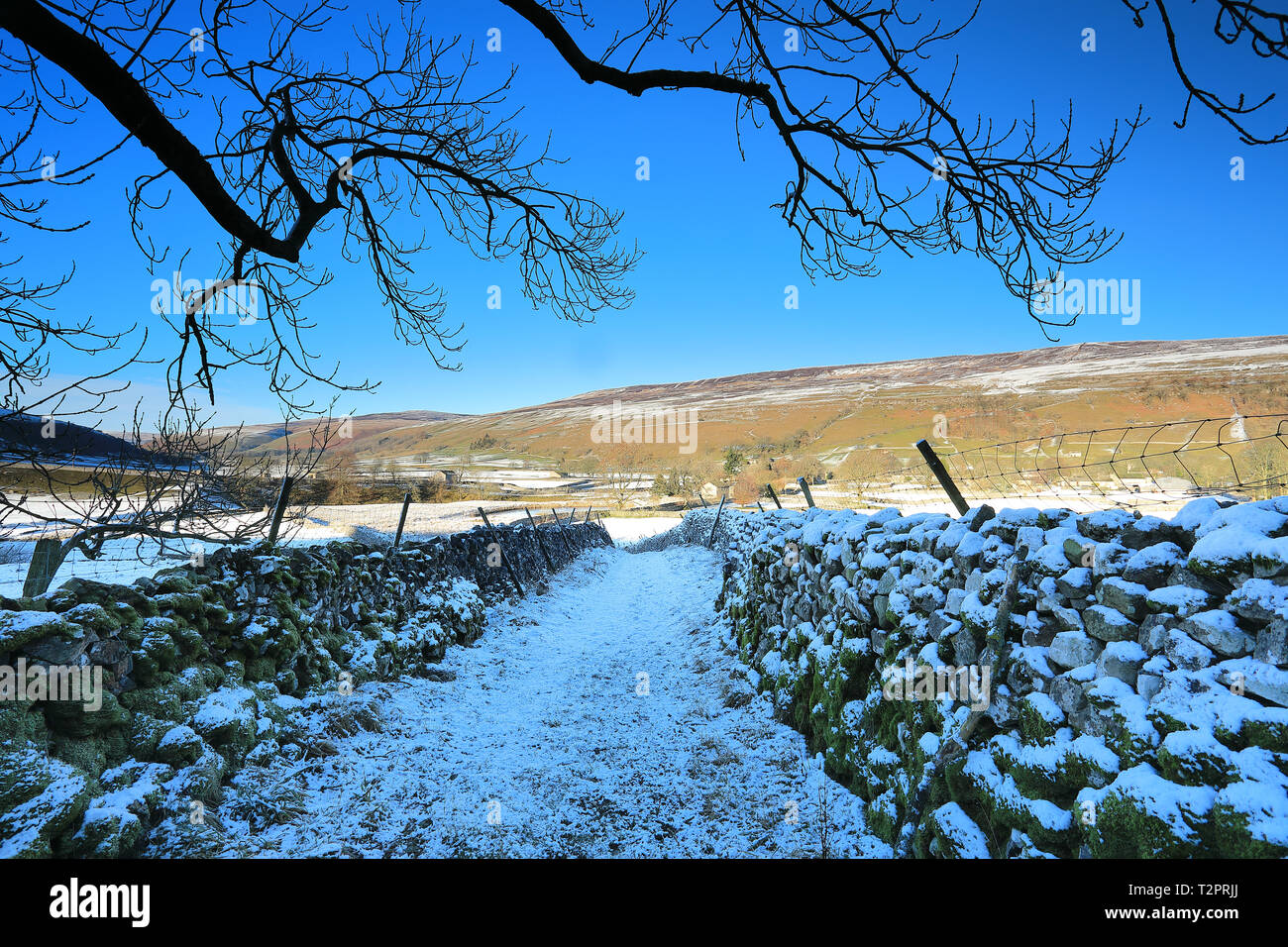 Una coperta di neve vista invernale di monaci Lane in Yorkshire Dales villaggio di Arncliffe, Littondale Foto Stock