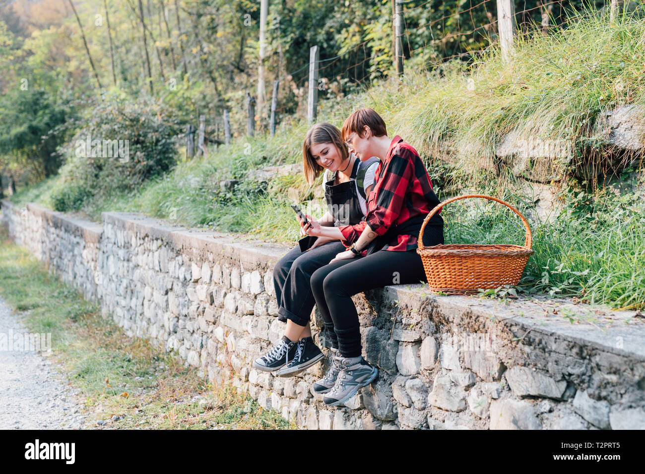 Migliori amici seduti sul muro di pietra, la condivisione di un messaggio di testo, Rezzago, Lombardia, Italia Foto Stock