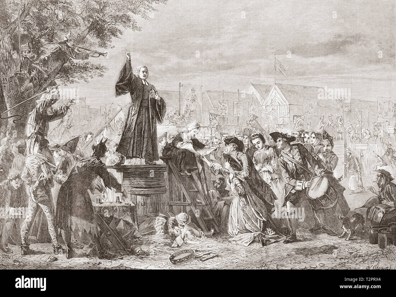 Whitefield predicazione in Moorfields, Londra, Inghilterra, 1742. George Whitefield, 1714 - 1770, anche ortografato Whitfield. Inglese ecclesiastico anglicano ed Evangelista. Dal Illustrated London News, pubblicato 1865. Foto Stock