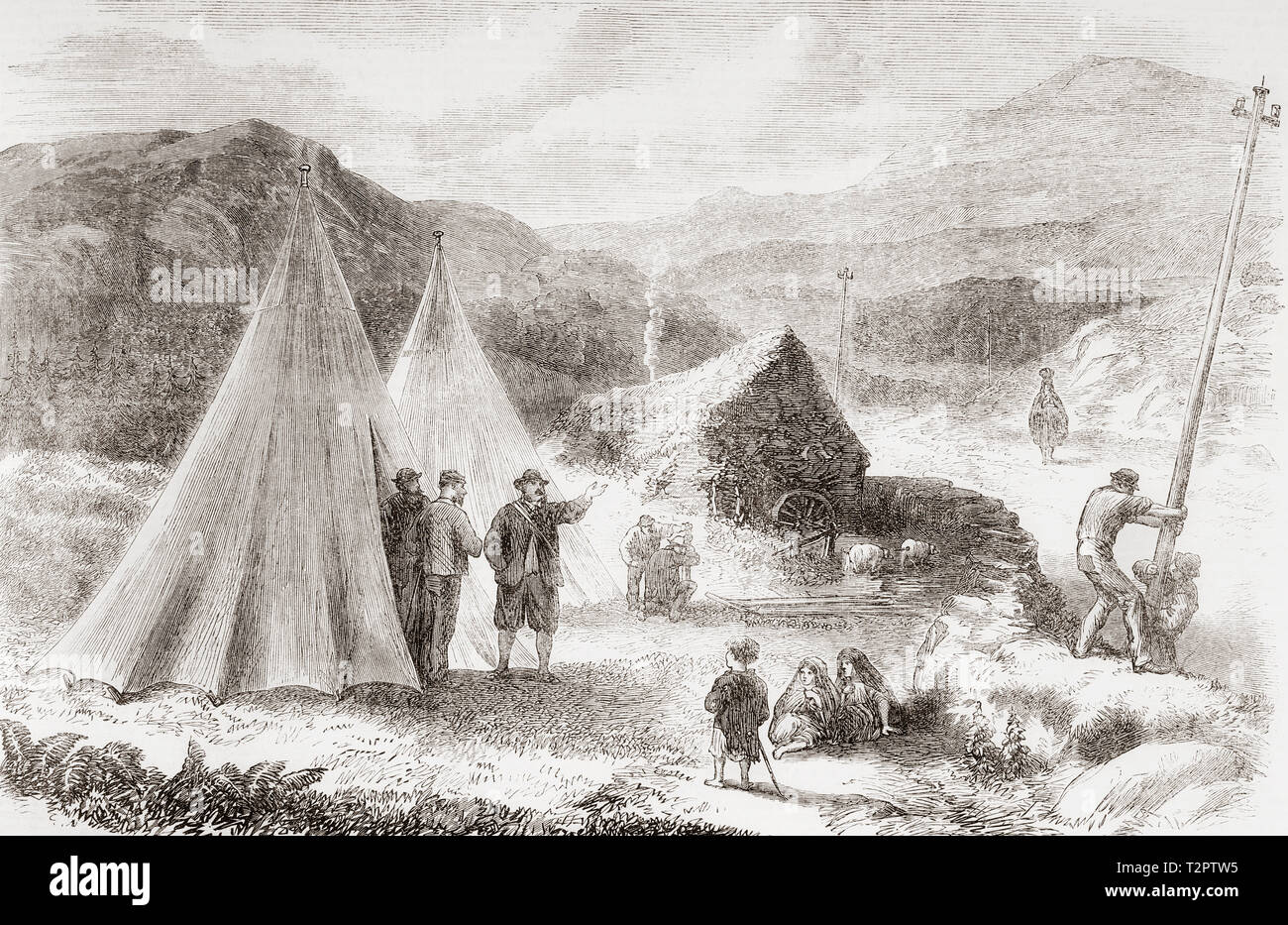 La posa della Atlantic Telegraph cavo. Accampamento di operai del Telegraph Company sulla strada tra Killarney e Valentia Island, Irlanda. Dal Illustrated London News, pubblicato 1865. Foto Stock