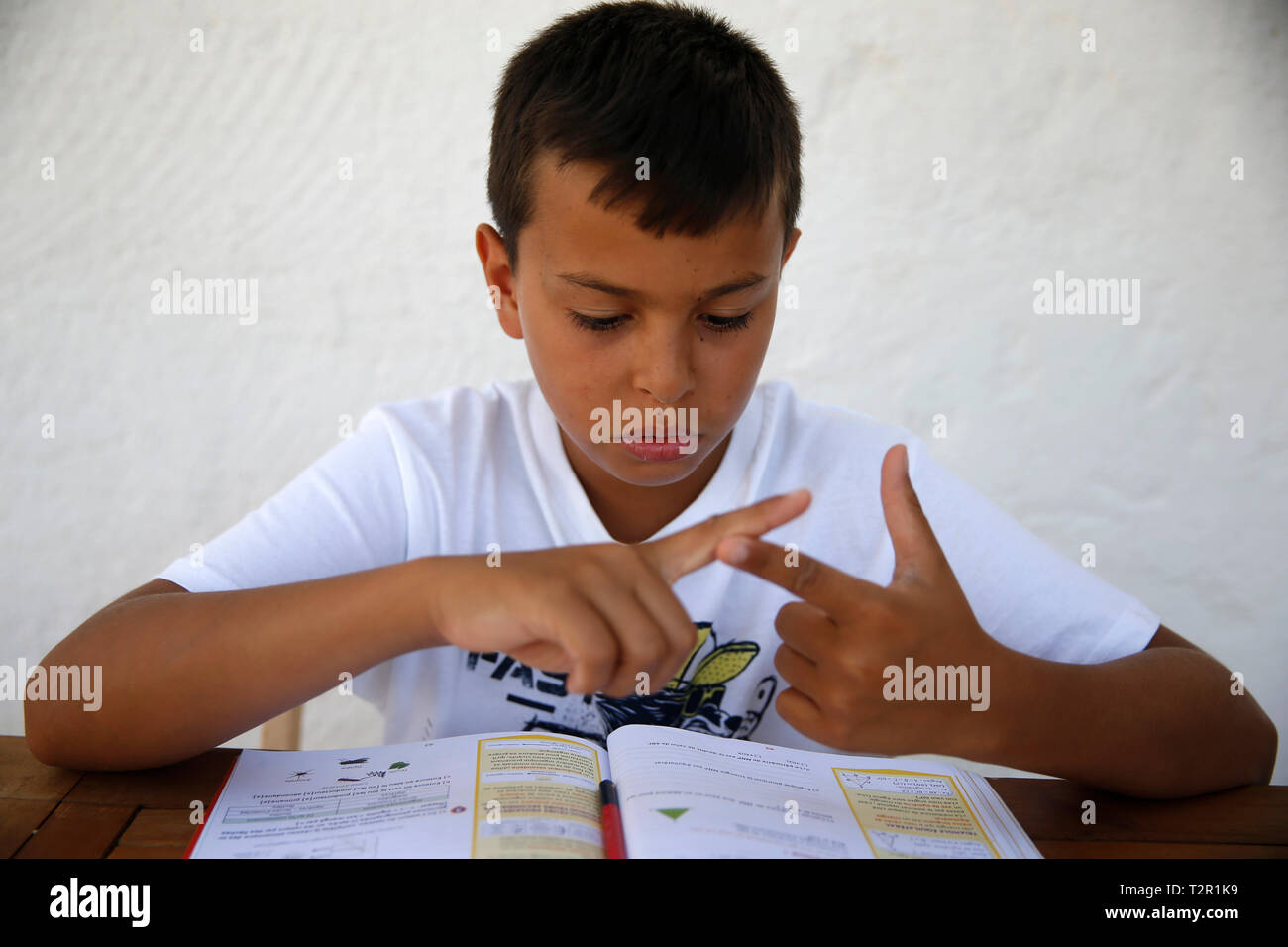 11-anno-vecchio ragazzo studiare nel Salento, Italia Foto Stock