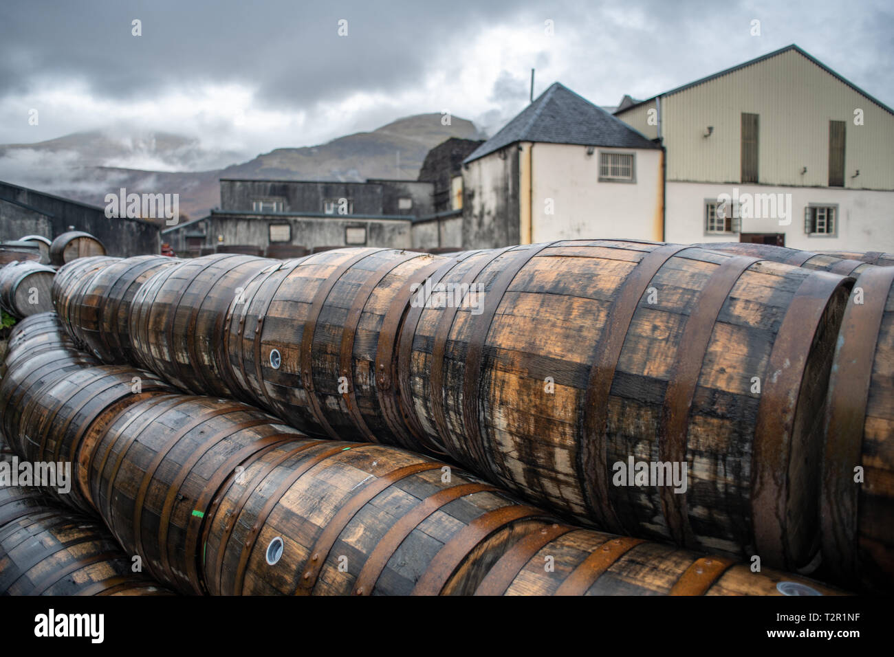 Botti accatastate presso il Ben Nevis distilleria di whisky per il processo di invecchiamento in Fort William, Scozia Foto Stock