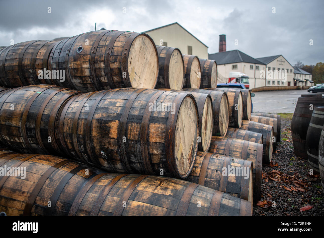 Botti accatastate presso il Ben Nevis distilleria di whisky per il processo di invecchiamento in Fort William, Scozia Foto Stock