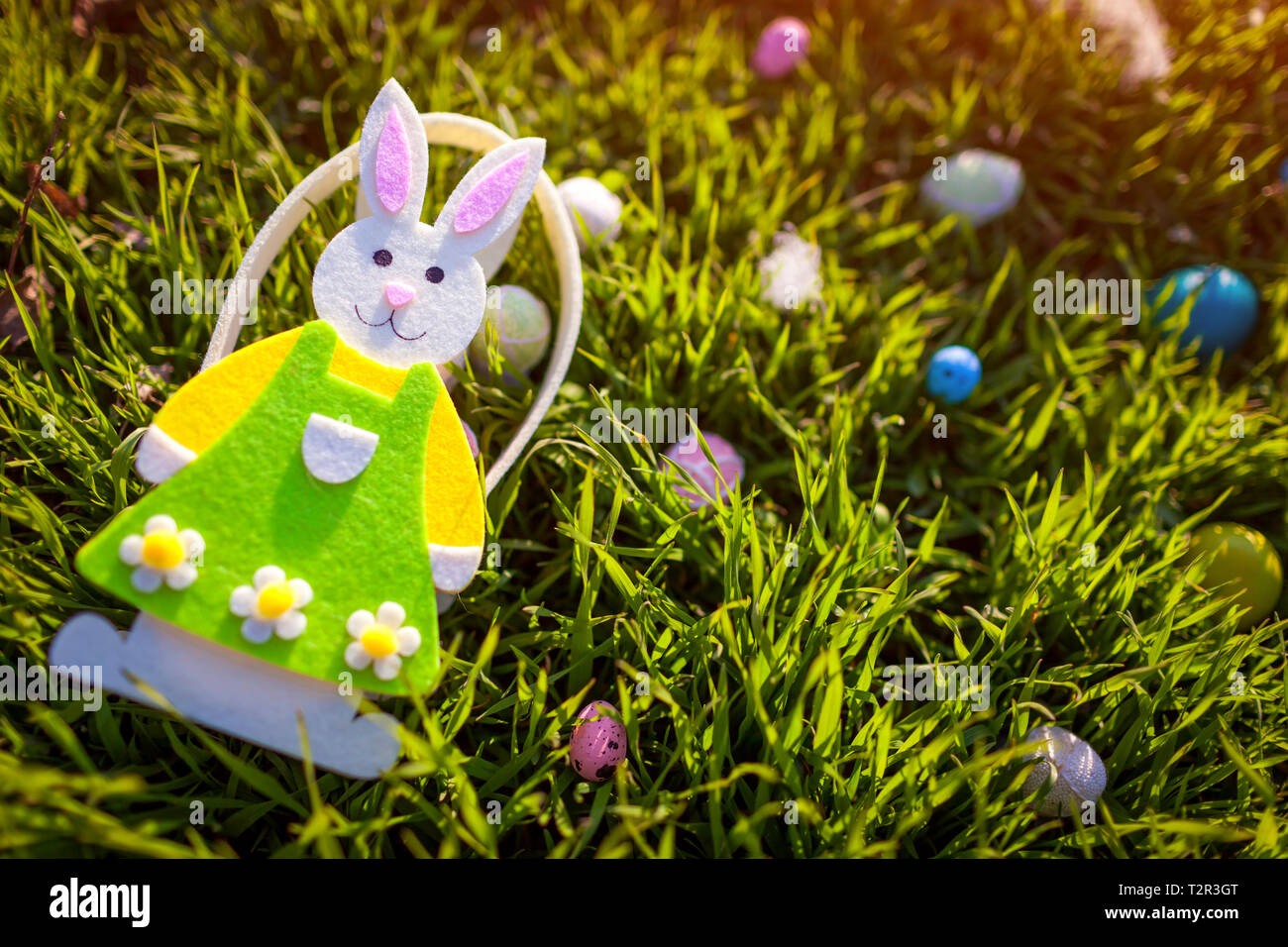 Felice Pasqua. Le uova di pasqua nascoste in erba di primavera. Bunny cesto sagomato con uova lasciato in giardino Foto Stock