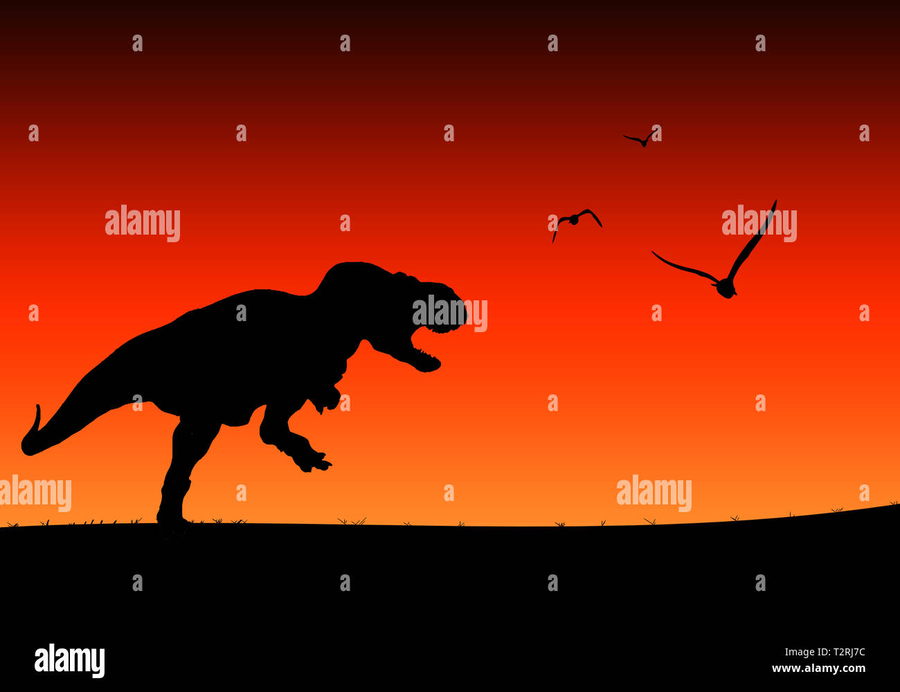 Come una scena di Jurassic Park. La silhouette di un T-Rex prima di un tramonto. Foto Stock