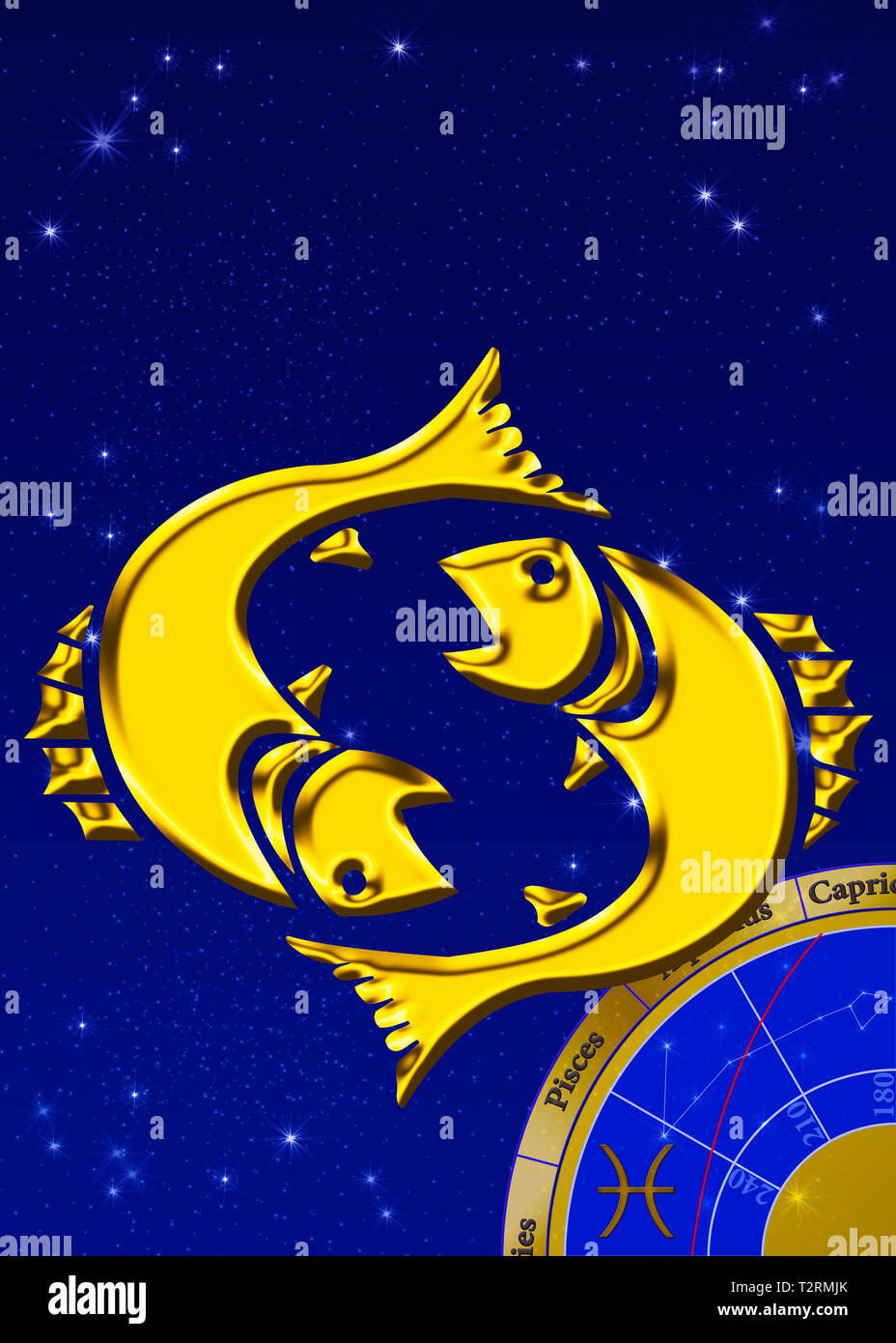 Segno zodiacale con stella immagine come golden sollievo nella parte anteriore di un cielo blu scuro Foto Stock