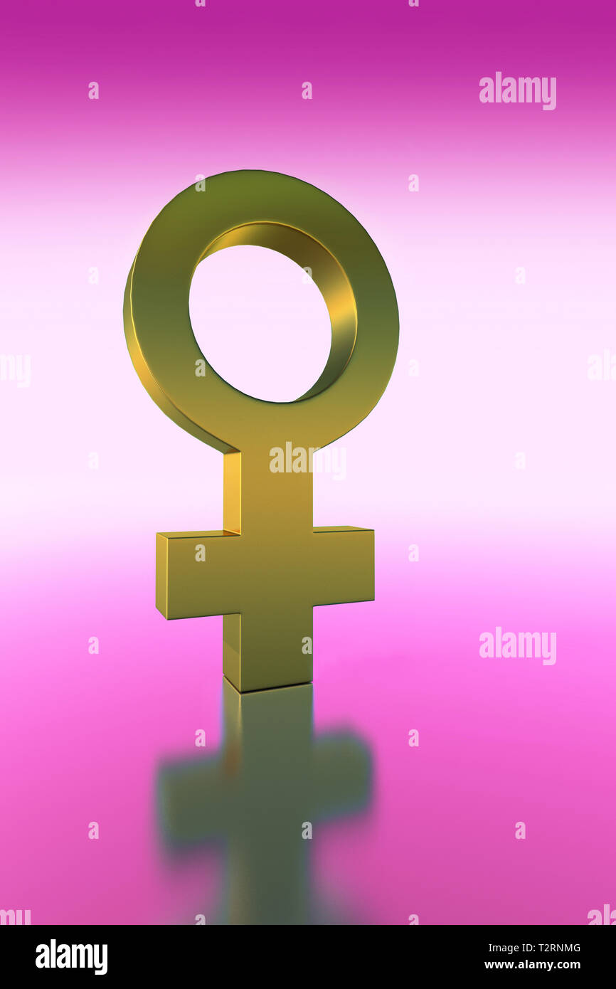Golden 3D simbolo femminile contro un sfondo rosa. Foto Stock