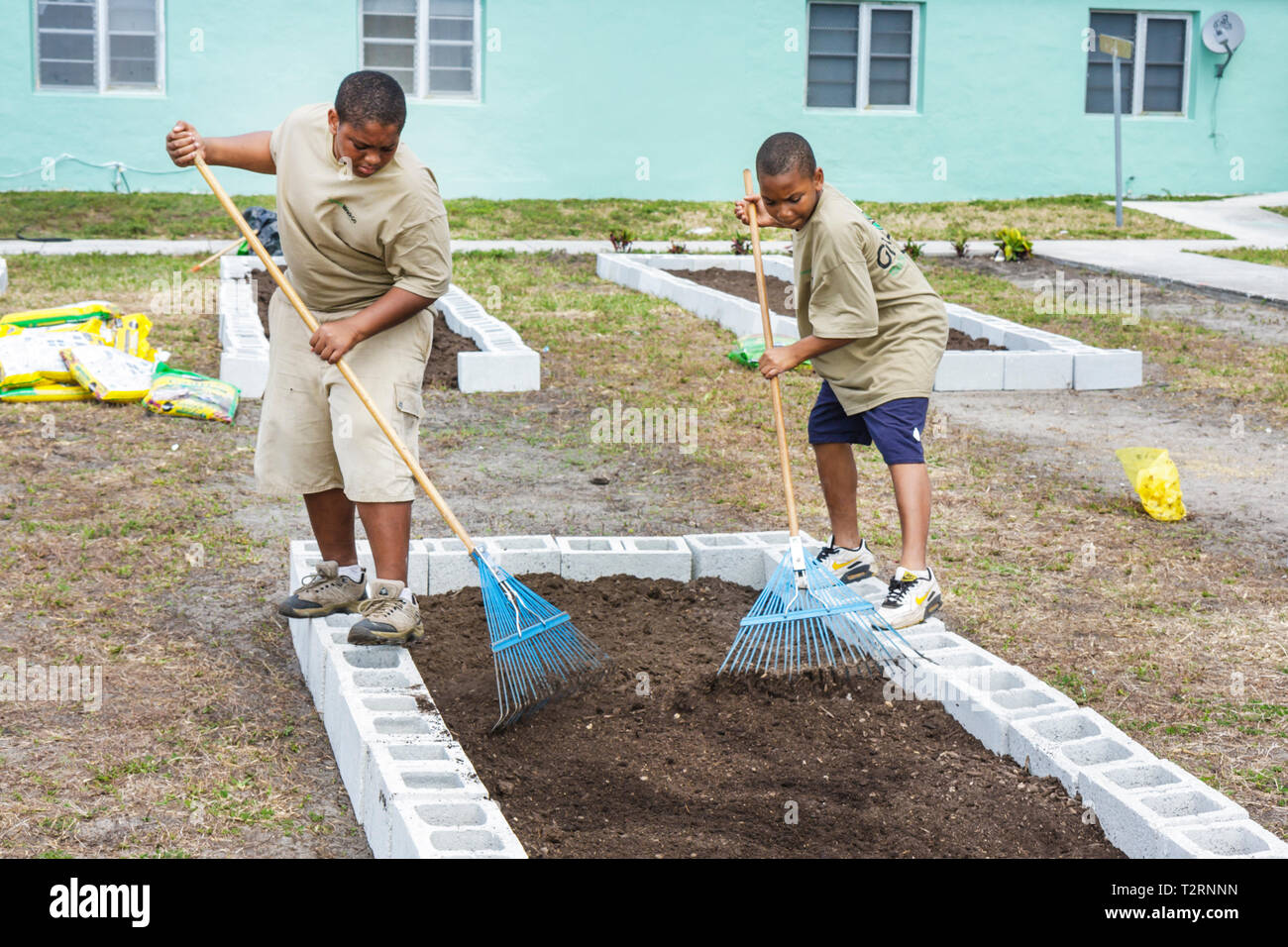 Miami Florida,Liberty City,Piazza,alloggi pubblici,cerimonia,dedicazione,giardino della comunità,complotto,assegnazione,urbano,giardinaggio,movimento verde,ragazzi neri mal Foto Stock