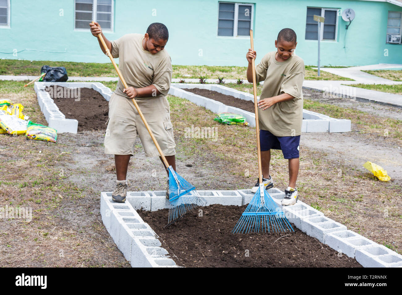 Miami Florida,Liberty City,Piazza,alloggi pubblici,cerimonia,dedica,giardino della comunità,complotto,assegnazione,urbano,giardinaggio,movimento verde,neri africani Foto Stock
