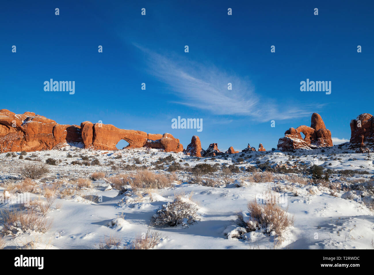 Finestra del nord e la torretta Arch in inverno, Windows sezioni, Arches National Park, Utah Foto Stock