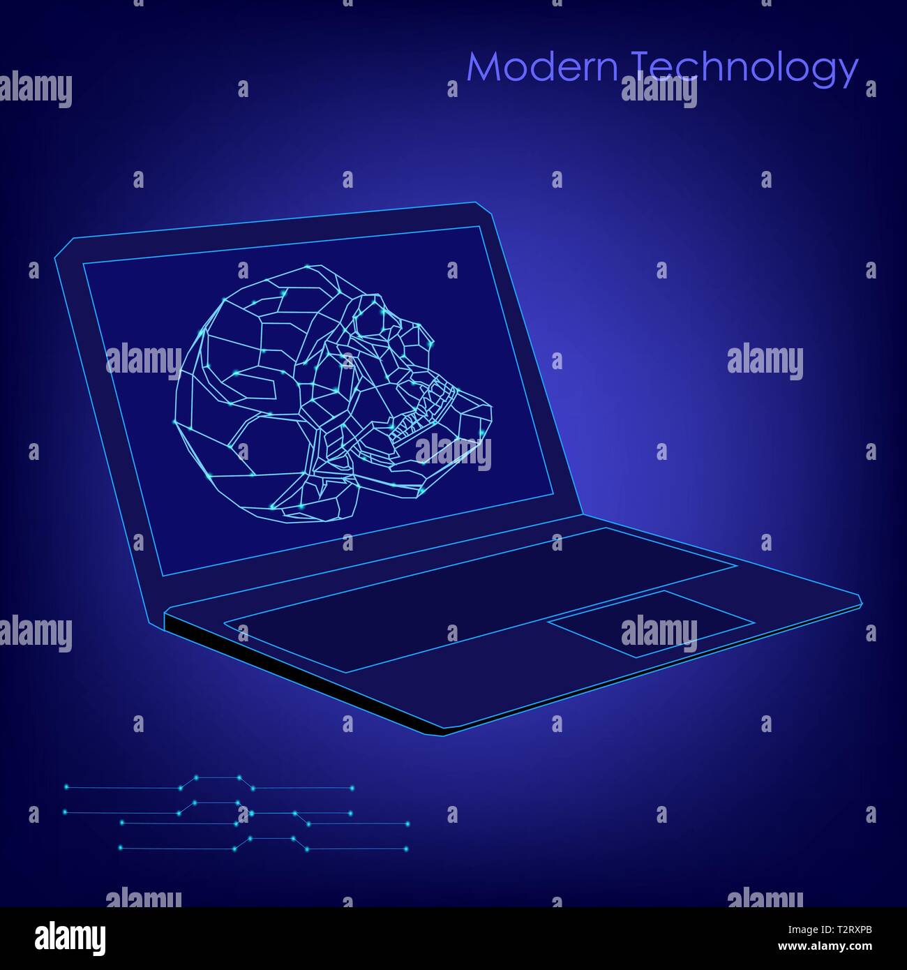 Abstract della biotecnologia sfondo vettoriale. Medicina futuristica tecnologia illustrazione. Computer portatile con una immagine del cranio Illustrazione Vettoriale