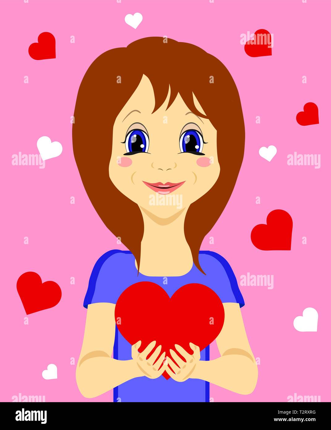 Ragazza carina con cuore nelle sue mani isolato sullo sfondo rosa, illustrazione vettoriale Illustrazione Vettoriale