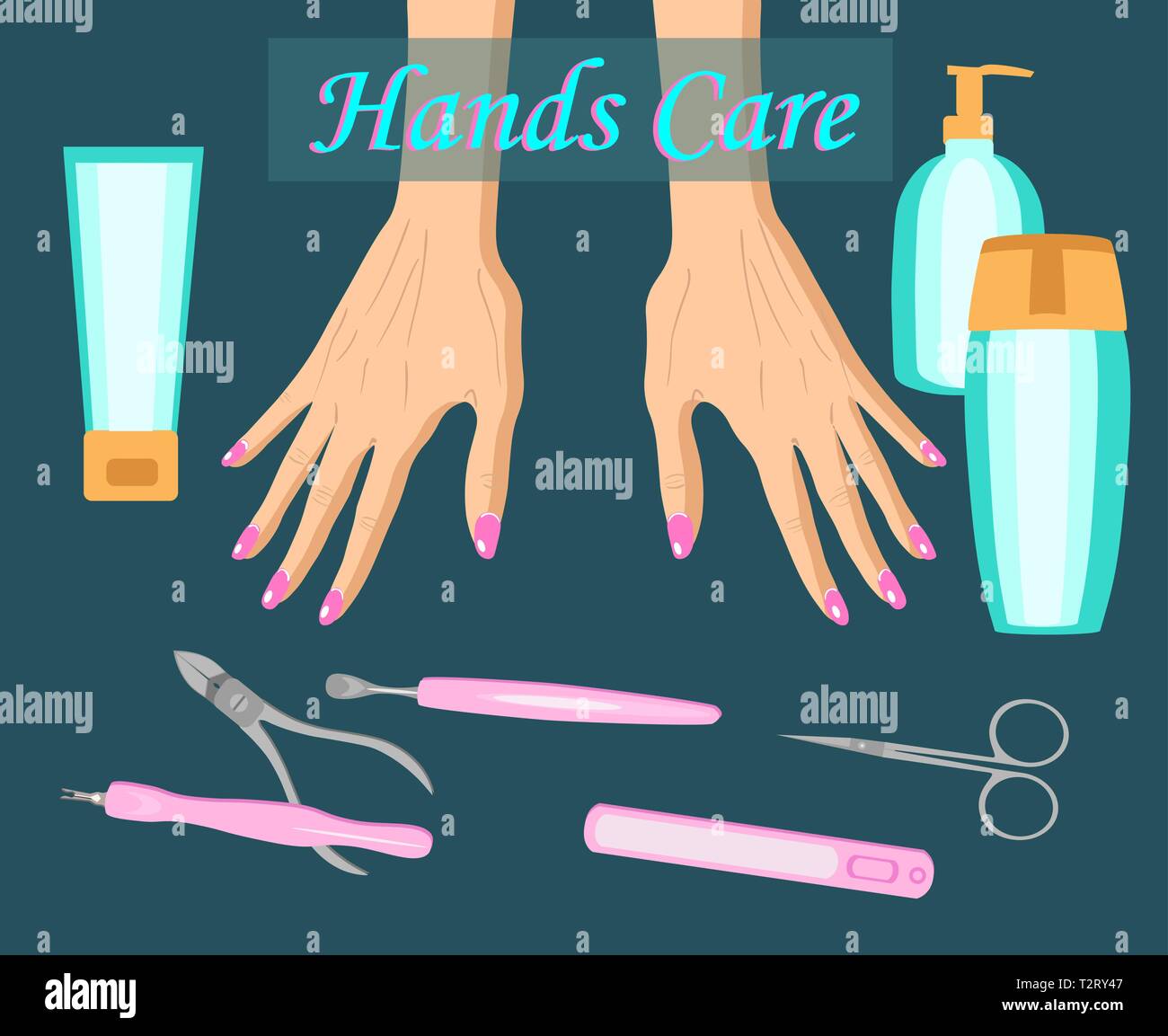 Manicure e cura delle mani illustrazione per la cosmetologia e banner isolato su sfondo scuro Illustrazione Vettoriale