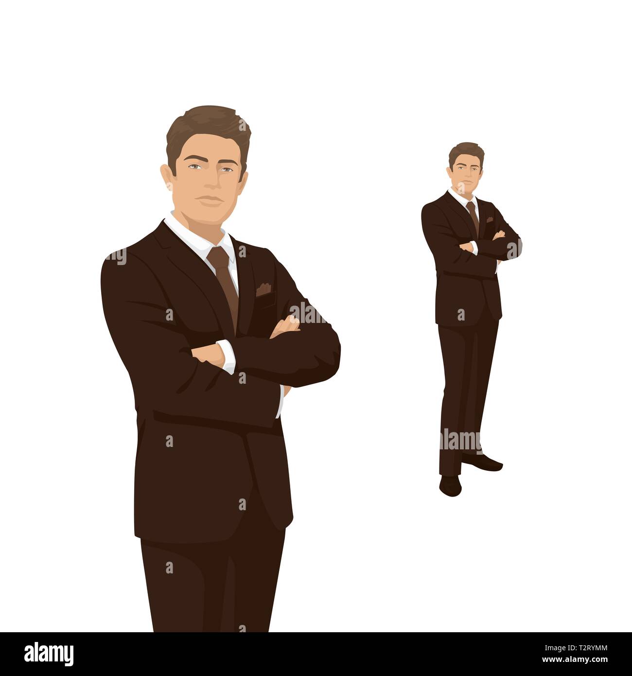 Imprenditore elegante in costume marrone. Il Boss, manager, imprenditore. Persone di carattere. Ritratto di lunghezza completa. Vista frontale l'uomo. Persona in piedi. Isolato Illustrazione Vettoriale