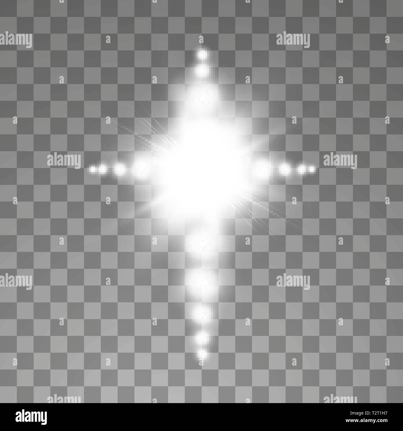 Luce bianca croce cristiana con sun flare. illustrazione vettoriale isolato su sfondo trasparente. Fulgido simbolo di Pasqua di Risurrezione nel cielo Illustrazione Vettoriale