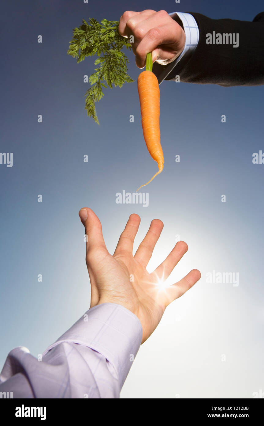 Imprenditore caucasico raggiungendo per una carota Foto Stock