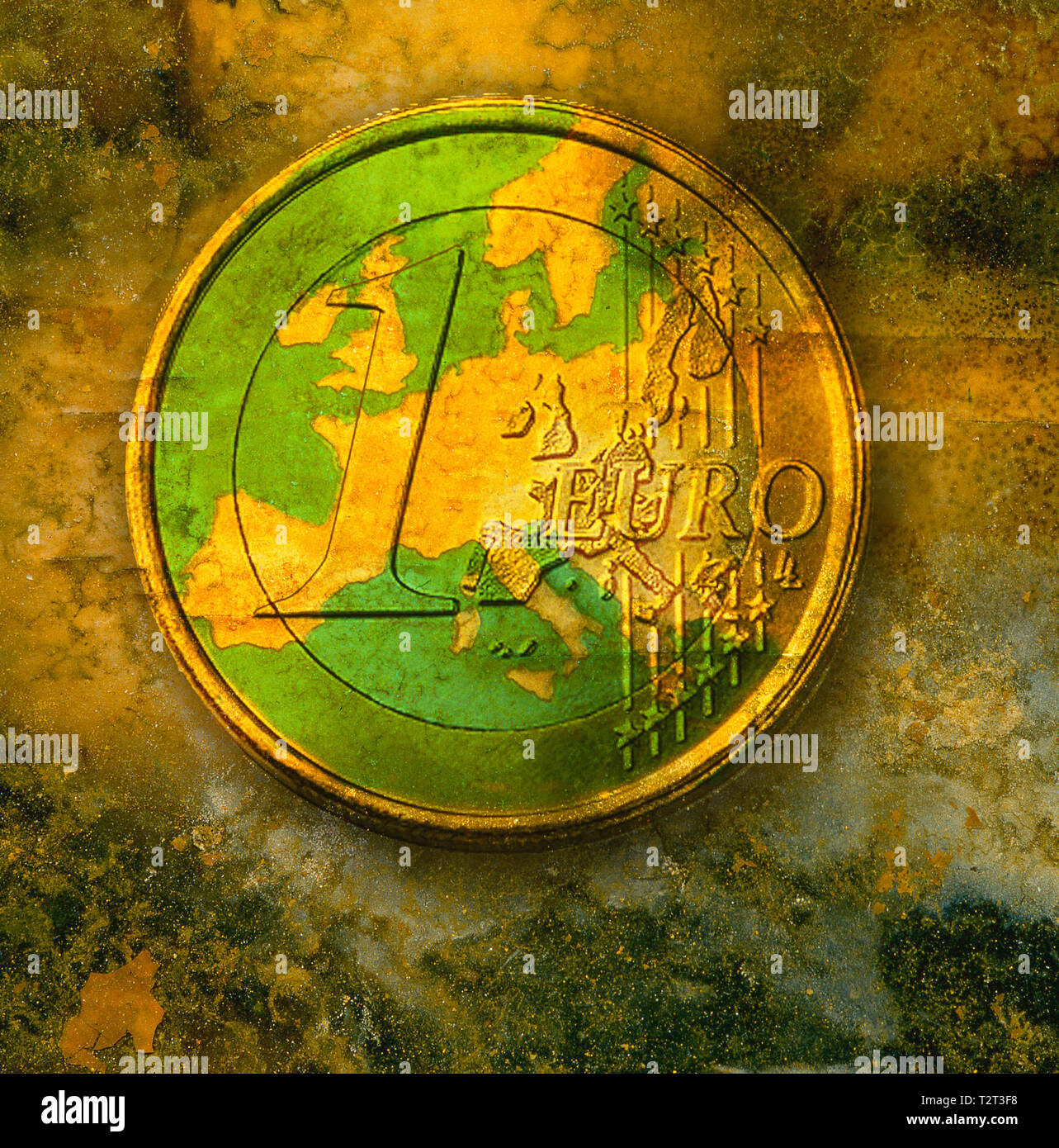 Mappa dell' Unione europea in una moneta in euro. Foto Stock