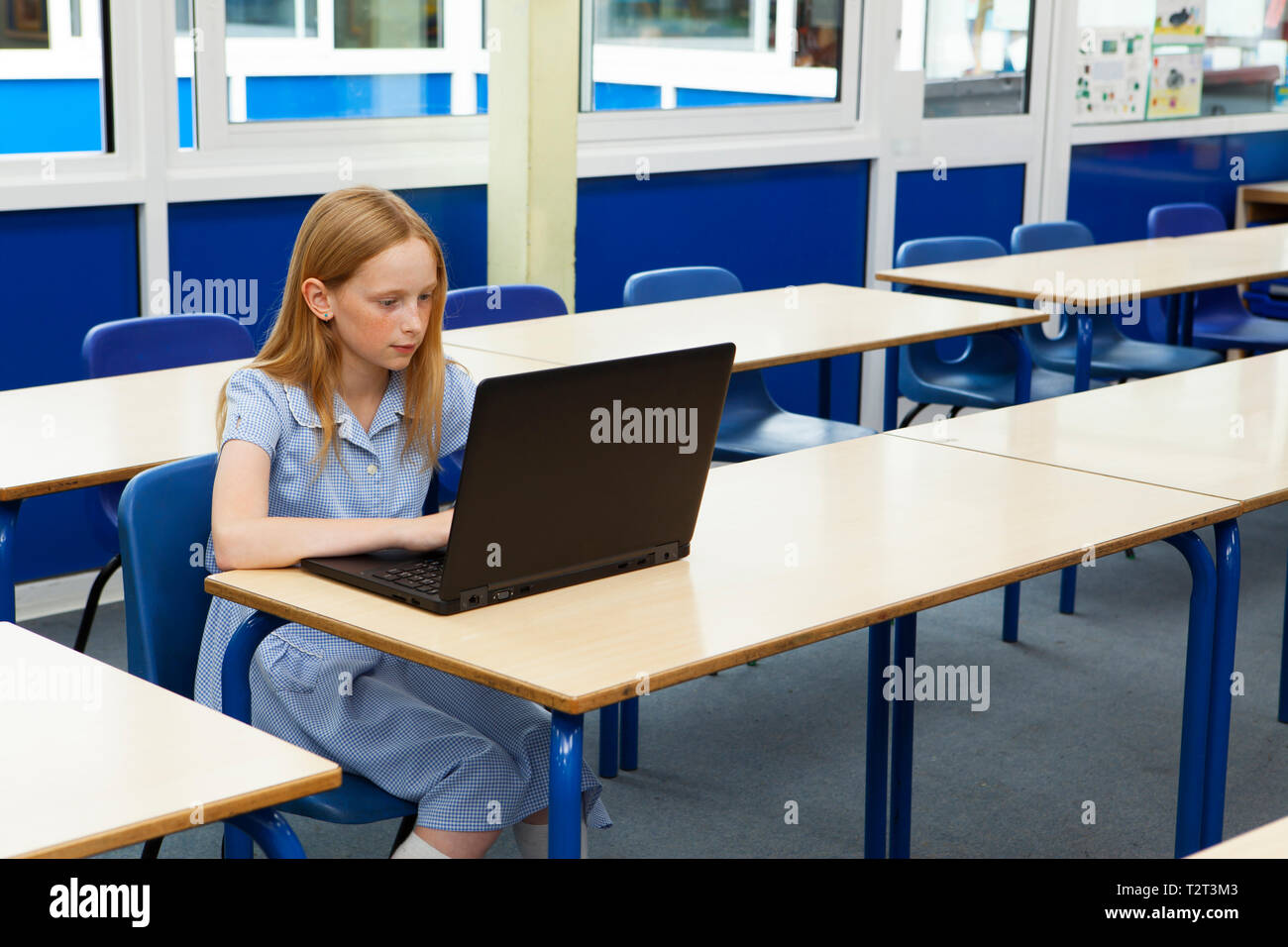 Scuola primaria ragazza caucasica usando un computer portatile in un aula vuota Foto Stock