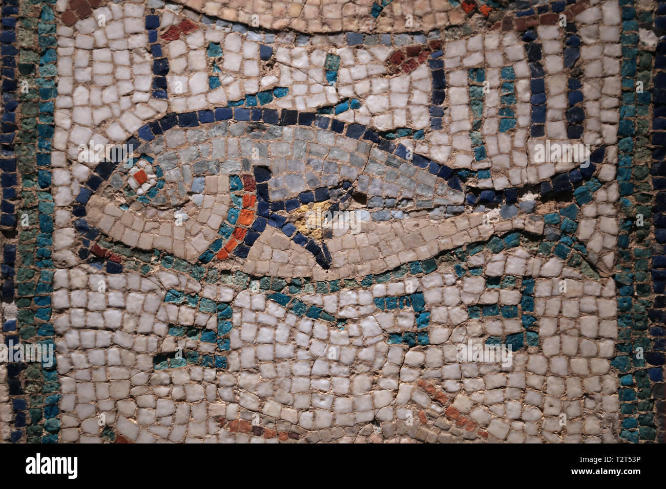 Mosaico romano. Pesce. 3° cent. Villa di Xauxelles. Il Museo Archeologico di Catalogna. Barcellona. Spagna. Foto Stock