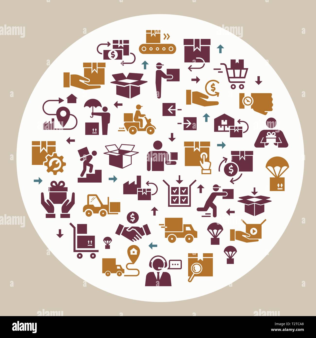 Modello circolare consegna set di logistica in stile appartamento. Carrello Bagagli, itinerario, contanti, 24 ore, il trasporto marittimo, container, consegna auto, magazzino. Illustrazione Vettoriale