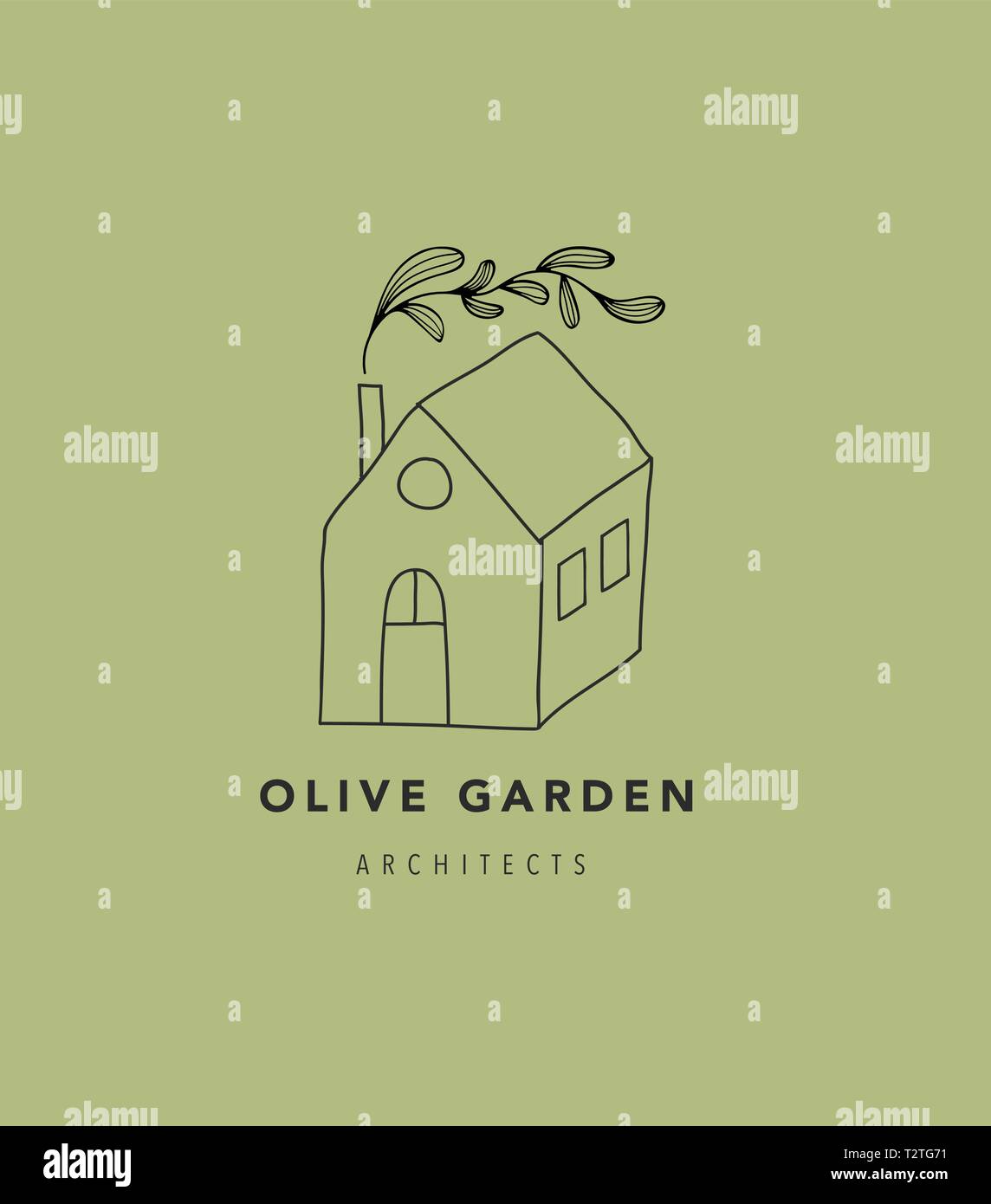 Disegnata a mano home, casa con giardino logo, icona. Illustrazione Vettoriale Illustrazione Vettoriale