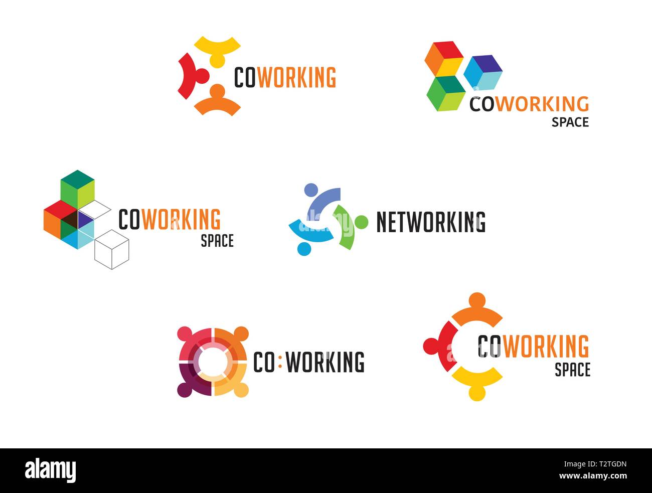 Spazio Coworking, networking logo di zona e la raccolta di icone. Vettore di modelli di progettazione Illustrazione Vettoriale