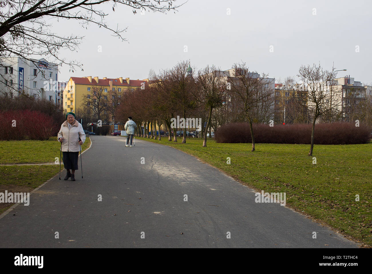 Poznan - Polonia / Febbraio 19 2019, Due anziane sono per tenersi in forma nei mesi freddi, riprendendo il nordic walking in un parco locale Foto Stock